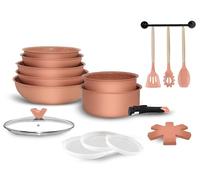 Arthur Martin, AMP61, set di pentole in alluminio da 18 pezzi con rivestimento grip, comprese padelle, pentole, padella, wok, coperchi e utensili - Dusty Rose, 20-28 cm