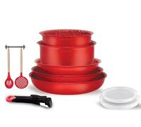 Arthur Martin, AMR41, Set di Pentole in Alluminio da 10 Pezzi con Rivestimento Grip, Padelle da 20-22-26 cm, Pentole da 16-18 cm, Coperchio Ermetico, 2 Utensili, Rosso