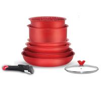 Arthur Martin, AMR88, Set pentole in alluminio 8 pezzi con rivestimento antiaderente, manici removibili e coperchi in vetro, compatibile con tutte le fonti di calore, 20-24-28 cm, Rosso