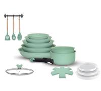 Arthur Martin, AMV18, set di pentole in alluminio da 18 pezzi con rivestimento grip, coperchi in vetro e utensili in legno, compatibile con tutte le fonti di calore, misura 20-22-26 cm, Verde