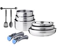 Arthur Martin, Set da Cucina in Acciaio Inox da 10 Pezzi - 3 Padelle (20-22-26 cm) e 3 Casseruole (16-18-20 cm) + Utensili, Manici ergonomici, Tutte le piastre a induzione, Graduazione interna