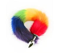 Article de nouveauté pour adultes - Accessoire conique avec queue en fourrure colorée, corps en acier inoxydable, dégradé arc-en-ciel - Idéal pour débutants et jeux de rôle