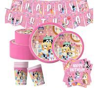 Articoli da tavola decorativi a tema festa di compleanno e matrimonio con il cane Bluey e i suoi amici e famiglia, inclusi piatti di carta, bicchieri, tovaglioli, striscioni. Perfetti per matrimoni, c