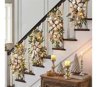 Artificial Christmas Teardrop Swag for Stair Decoration, Cordless Stairway Teardrop Trim Wreath with Lights, Outdoor Front Door Xmas Garland with Berries Bow Ball Ornaments for Home Garden Decor