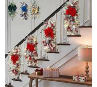 Artificial Christmas Teardrop Swag for Stair Decoration, Cordless Stairway Teardrop Trim Wreath with Lights, Outdoor Front Door Xmas Garland with Berries Bow Ball Ornaments for Home Garden Decor