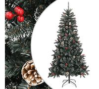 Artificial Christmas Tree, Green 210cm PVC Hinged Branches, Snow-Dusted, with Pine Cones & Berries, Stable Steel Stand, for Indoor Holiday Decor