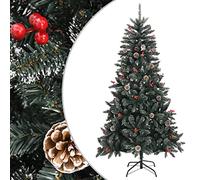 Artificial Christmas Tree with Stand, Green 180 cm PVC Foldable Design, Snowy Pine Cones & Berries, Realistic Full Shape for Indoor Home Winter Holiday Decor