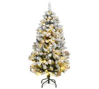 Artificial Hinged Christmas Tree with 150 s & Ornaments, 150 cm Tall, Flocked White Snow, Rose Gold Baubles, Metal Stand, Indoor Holiday Decor