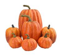Artificial Pumpkin Decor Bundle - Faux Fall Gourds, Mixed Size Decorative Ornaments, Seasonal Tabletop Display, Lifelike Autumn Accent Pieces | Seven Pumpkins Set For Home Kitchen Shelf Mantel