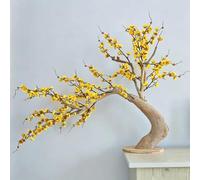 Artificial Yellow Wintersweet Tree, Curved Fake Plum Blossom Bonsai Natural Solid Wood Trunk Tabletop Simulation Floral Decor for Home Tea Room Desk Ornament(6M)