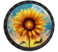 Artinhand Confezione da 4 pomelli rotondi per armadietti a forma di girasole, colore nero, per armadietti da cucina e bagno