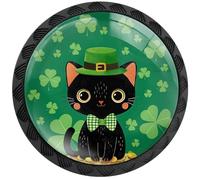 Artinhand Confezione da 4 pomelli rotondi per armadietti irlandesi a forma di trifoglio verde con trifoglio verde e gatto nero per cassetti e cassettiere, maniglie per porte di credenze e mobili da