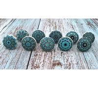 ARTISNO Pomelli decorativi in ceramica per armadio, cassetto, armadio e cassettiera, motivo floreale verde, finitura lucida (3,8 cm di diametro)