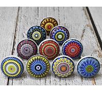 ARTISNO Set di 10 pomelli in ceramica multicolore misti rotondi dipinti a mano in stile bohémien per armadietti da cucina e cassetti, con finitura lucida