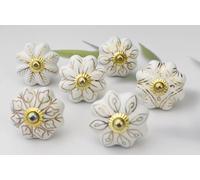 ARTISNO Set di 6 pomelli in ceramica per armadietti da cucina e cassetti, fatti a mano, con fiore bianco