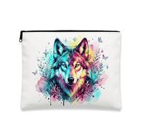 Artistic Wolf Makeup Bag, vivace acquerello cosmetico sacchetto per le donne, organizer portatile in tela con cerniera, borsa da toilette da viaggio natura, Multicolore, 7x9 Inch, Lupo