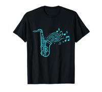 Artistico Cyan Saxophone Silhouette Smooth Jazz Music Notes Maglietta