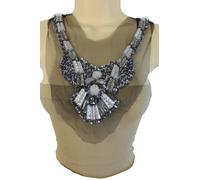 Artistico Donna Pizzo Nero lungo Raso Cravatta Collana Zebra Perline Argento