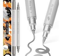 Artistro 2 Pennarelli Acrilici Argento, Doppia Punta (Pennello + Fine 1 mm), Pennarelli per Tessuto, Tela, Pietra, Vetro, Legno, Carta, Fai Da Te - per Bambini e Adulti