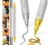 Artistro 2 Pennarelli con Vernice Acrilica Oro e Argento, Pennarelli Acrilici a Doppia Punta (Pennello + Punta Fine 1 mm), Pennarelli Acrilici per Tessuto, Tela, Pietra, Vetro, Legno, Carta, Fai da Te