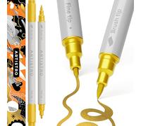 Artistro 2 Pennarelli con Vernice Acrilica Oro, Pennarelli Acrilici a Doppia Punta (Pennello + Punta Fine da 1 mm), Pennarelli Acrilici per Tessuto, Tela, Pietra, Vetro, Legno, Carta, Fai da Te