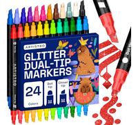 Artistro 24 Shimmering Glitter Dual-Tip Paint Pens - Sparkly Markers with Acrylic Ink for Rock, Ceramic, Wood, Fabric, & More - Dot + Chisel Tips