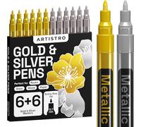 Artistro Pennarelli Indelebili Punta Fine Extra (0,7 mm) per Pittura Sassi, Ceramica, Vetro, Legno, Tessuti e Altro. 12 Pennarelli Metallici Base Olio con 6+6 Pennarelli Oro e Argento