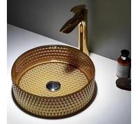 Artiz Lavandino Da Appoggio In Cristallo Per Bagno, Lavandino Da Appoggio In Cristallo Trasparente A Forma Di Diamante Lavabo Da Appoggio Rotondo Rubinetto Non Incluso(Golden,40x40x12cm)