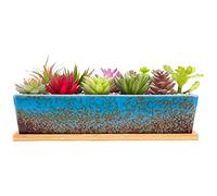 ARTKETTY Moderni Vasi Rettangolari in Ceramica per Piante Grasse, 30 CM, con Drenaggio, per Cactus e Bonsai, Decorazione Interni ed Esterni, Blu, Vaso e Sottovaso Inclusi
