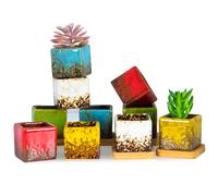 ARTKETTY Vasi per piante grasse, 5 cm, in ceramica, con vassoio di drenaggio, piccoli vasi quadrati smaltati da giardino per cactus, fiori, erbe, perfetti per davanzale o scrivania, set da 5
