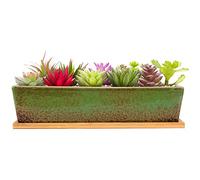 ARTKETTY Vasi per piante grasse in ceramica, 30 cm, moderni, lunghi, rettangolari, con vassoio, per cactus e bonsai, con drenaggio, per interni ed esterni, decorazione per la casa (verde)