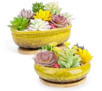 ARTKETTY Vasi per piante grasse, vasi in ceramica per piante grasse con vassoio di drenaggio in bambù, 1 vaso da fiori rettangolare + 1 vaso rotondo per cactus bonsai da interno (giallo)
