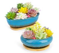 ARTKETTY Vasi per piante grasse, vasi per piante grasse in ceramica con vassoio di drenaggio in bambù, 1 vaso da fiori rettangolare + 1 vaso rotondo per cactus bonsai da interno (blu)