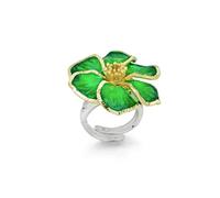 Artlinea, Anello In Argento 925, Gioiello in Argento Dorato e Rodiato a Forma di Fiore, Smalto a Cattedrale Eseguito a Mano, Colore Verde, Misura 29, Made in Italy