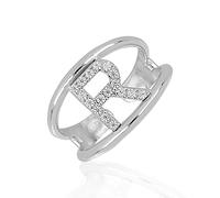 Artlinea, Anello in Argento 925 Sterling, Gioiello Personalizzato con la Lettera R Maiuscola, con Pavé Zirconi, Retro Aperto con Misura Regolabile 5-11, Made in Italy