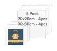 Artme Tela intelaiate 8 pezzi (20x20CM-4pk, 30x30CM-4pk) - Tela pre-stirata quadrata/ 280GSM 100% cotone/triplo con innesto/senza acidi/grana media / 1,7 cm - acrilico/olio