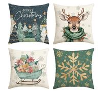 Artoid Mode, set di 4 federe per cuscino natalizie con cervi, alberi, slitta, fiocchi di neve, 45 x 45 cm, copricuscini decorativi per Natale, per divano e soggiorno