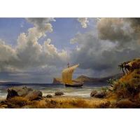 ARToPHIIU Stampe Quadri Poster su Tela Pittura Dipinto su Tela Classico Barca a vela in una baia italiana di Oswald Achenbach per la Decorazione Della Parete 60x90cm