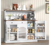 ARTPOWER Armadietto da bar da 122 cm con ante in vetro, armadio da cucina in legno con ante in vetro, armadio a microonde bianco con capanna, credenza a buffet Farmhosue per soggiorno, sala da pranzo