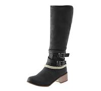 ARtray Stivali da cavaliere in pelle da donna, a mezza altezza, alla moda, stile retrò, con chiusura lampo a volant, con fibbia e cintura western e casual, per feste, autunno e inverno, Nero , 37 EU