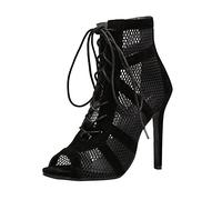ARtray Stivali neri da donna con punta a spillo e tacco a spillo per le donne leggero rete traspirante scarpe da passeggio moda versatile stivali con lacci festival festa stivali corti, Nero , 37 EU