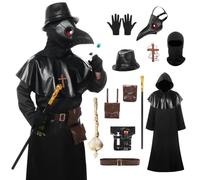 Artsaworry Costume Medico della Peste Uomo Donna Completo 15 in 1, Costume Halloween con Maschera a Becco Rossa, Mantello, Cappuccio, Scettro, Lanterna e Accessori