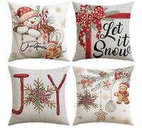 Artscope 4 Pezzi Federe Cuscini di Natale Cuscino Decorativo in Lino Natalizi per la Decorazione Domestica Soggiorno Camera da Letto Divano 40x40cm (Rosso - Popolo di Neve e Torta di Zenzero)