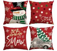 Artscope 4 Pezzi Federe Cuscini di Natale Cuscino Decorativo in Lino Natalizi per la Decorazione Domestica Soggiorno Camera da Letto Divano 45x45cm (Rosso - Popolo di Neve e Camion Albero di Natale)