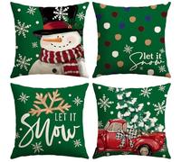 Artscope 4 Pezzi Federe Cuscini di Natale Cuscino Decorativo in Lino Natalizi per la Decorazione Domestica Soggiorno Camera da Letto Divano 50x50cm (Verde - Popolo di Neve e Camion Albero di Natale)