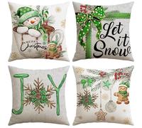 Artscope 4 Pezzi Federe Cuscini di Natale Cuscino Decorativo in Lino Natalizi per la Decorazione Domestica Soggiorno Camera da Letto Divano 45x45cm (Verde - Popolo di Neve e Torta di Zenzero)
