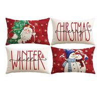 Artscope 4 Pezzi Federe Cuscini di Natale Cuscino Decorativo in Lino Natalizi per la Decorazione Domestica Soggiorno Camera da Letto Divano 40x60cm (Rosso - Coppia di Babbo Natale e Popolo di Neve)