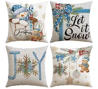 Artscope 4 Pezzi Federe Cuscini di Natale Cuscino Decorativo in Lino Natalizi per la Decorazione Domestica Soggiorno Camera da Letto Divano 40x40cm (Blu - Popolo di Neve e Torta di Zenzero)