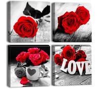 Artscope Stampe e Quadri su Tela 4 pz. Rosa Rossa Immagine Fotografia Murale Tela Wall Art Bel Regalo per Home Decor Ristorante Cucina Regalo di Anniversario Compleanno 30x30CM