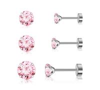 Artskin 3 paia di orecchini a lobo in titanio con zirconia cubica per donne e uomini, orecchini a lobo in zircone cubico, ipoallergenici, con retro piatto, orecchini in argento per ragazze, orecchini